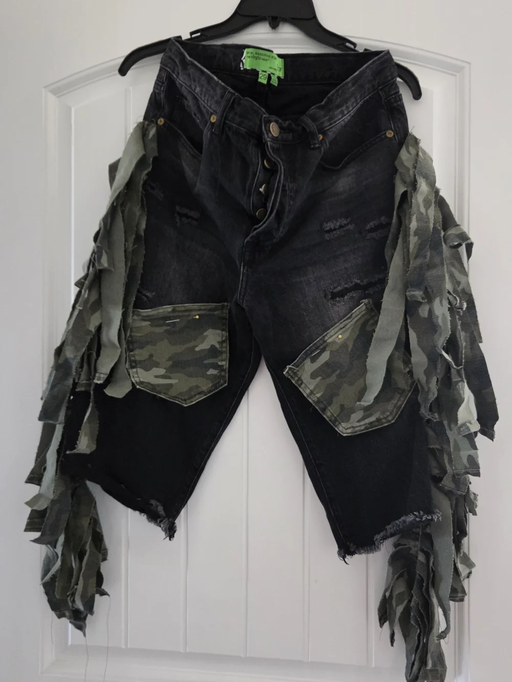 Black High-Waist Distressed Bermuda Shorts with Camo Patches